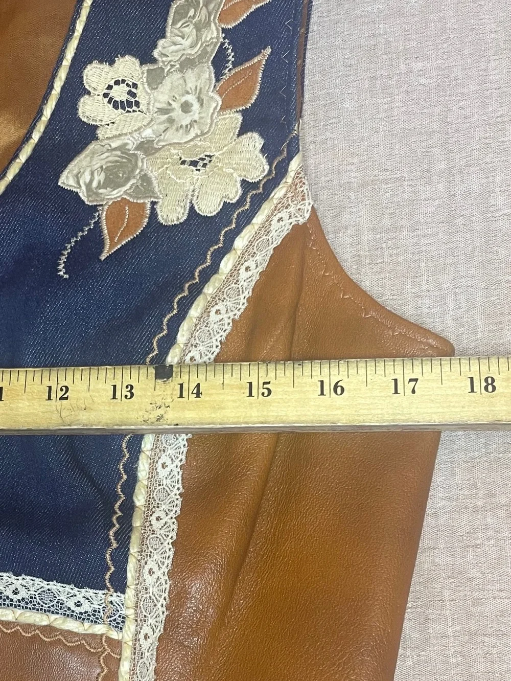 Vintage Handmade Leather Denim Floral Appliqué Vest Boho Western Art Piece